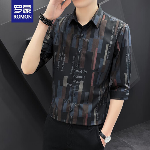 ROMON (ROMON) 7-quarter sleeve shirt men's short-sleeved casual slim summer thin half-sleeved striped shirt trendy handsome mid-sleeved formal wear 679 coffee XL