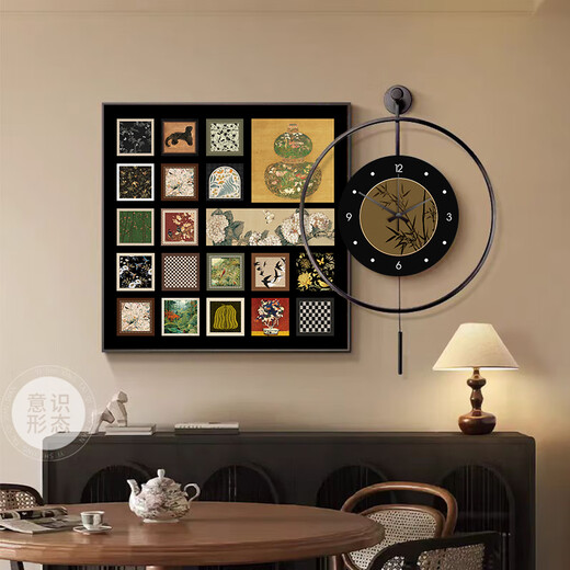 Bailian Restaurant Dekorative Malerei LED -Leuchten im mittleren Stil mit Uhren und Uhren Mural Retro Esstisch Hintergrund Wandhängemalerei K12806 +PB57 H50*50 cm Malerei +50*50 cm Wanduhr mit Pendel [Pendel [