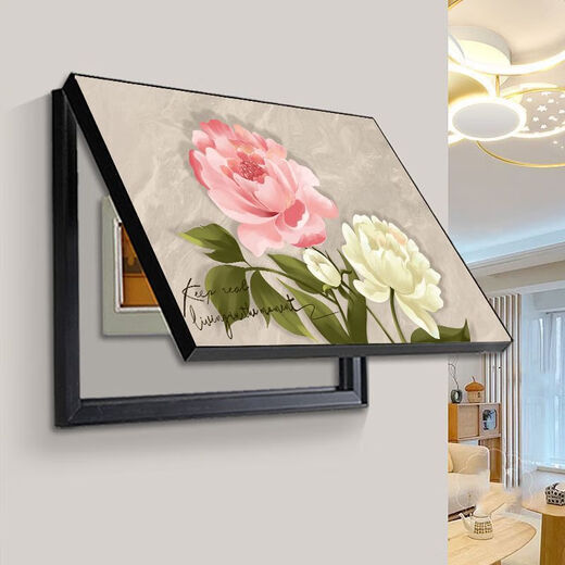 Distribution box decorative painting blocking cream style peony flower restaurant dining room meter box box power main switch hanging painting B style cream peony gold frame 70X50 accommodates 62*42 flip-up model aluminum alloy frame