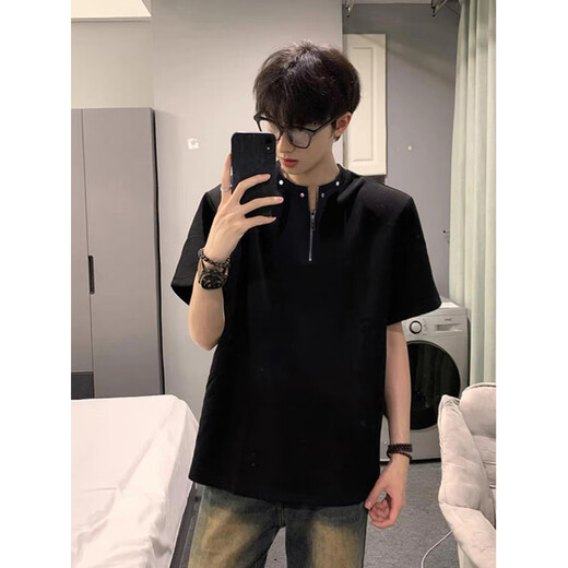 She Manlai half-zip Henry collar short-sleeved T-shirt men's cleanfit heavyweight American high street half-sleeved bottoming T-shirt black L