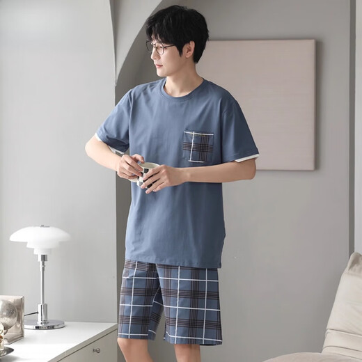 Cat men pajamas men's summer short-sleeved shorts for summer thin Xinjiang cotton stripes can be worn outside casual home clothing DGG-Z679 M [recommended to be 80-100 Jin [Jin equals 0.5 kg]]