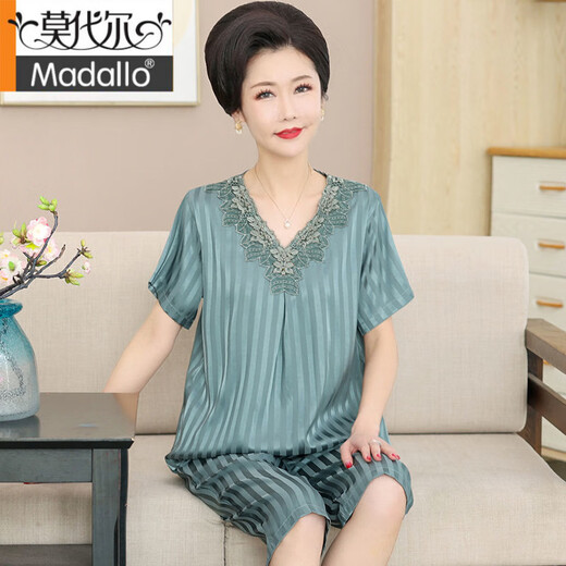 莫代尔冰丝睡衣女夏季妈妈短袖五分裤套装中老年大码家居服仿真丝 826 3XL 建议155-175斤