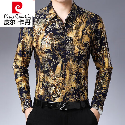 Piercadian spring and summer flower shirt men's long-sleeved mulberry silkworm silk shirt middle-aged dad wear casual dragon tattoo embroidered shirt ice silk on navy blue 829 170/120-140Jin [Jin equals 0.5 kg] wear