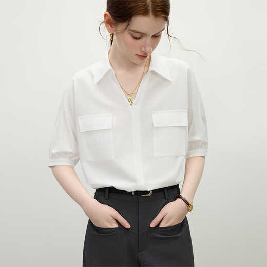 Fanslanen Simple Commuting Fashion Commuting Short-Sleeved Shirt Women 2025 Summer New Design Shirt 2136 White M