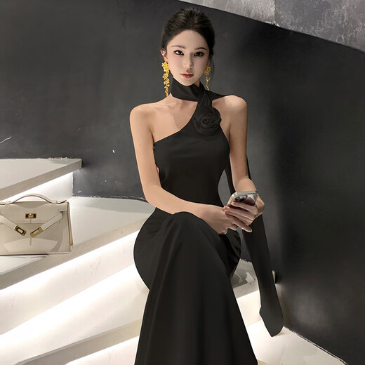 YIOU气质名媛法式缎面飘带晚礼服长裙女高端轻奢包臀挂脖连衣裙6936 香槟色 M