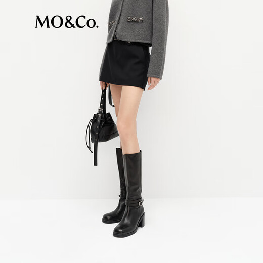 MO&Co.Short spring skirt with merino sheep wool low waistband lining with belt MBE1SKTT11 black S