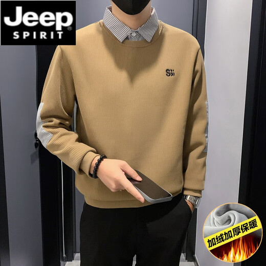 JEEP SPIRIT假两件卫衣男秋冬款针织衫痞帅拼接翻领男装2025新款长袖加绒上衣 1391白色 款 常规 XL 建议150斤内