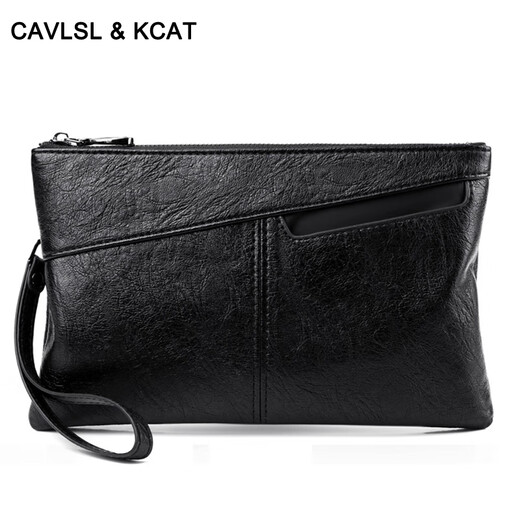 CavlslKcat men's handbag soft cowhide clutch men's business casual clip bag large capacity envelope bag simple fashion handbag black large size 9.7 inch 29*19*2cm