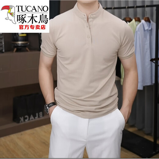 Woodpecker (TUCANO) British style men's high-quality Polo shirt summer new front shoulder short-sleeved Henry neck half-sleeved T-shirt top Black 3XL [weight 165-180Jin [Jin equals 0.5 kg]]