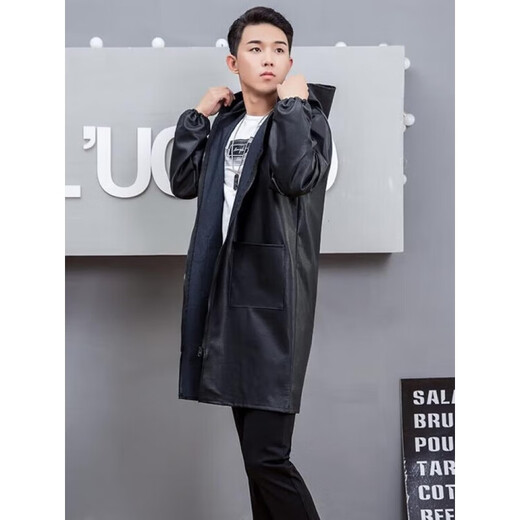 谷舰沐皮衣男宽松加长修车机修养殖屠宰工作服罩衣带帽皮革大褂防水防风 黑色连帽加长款皮衣 3XL 大号