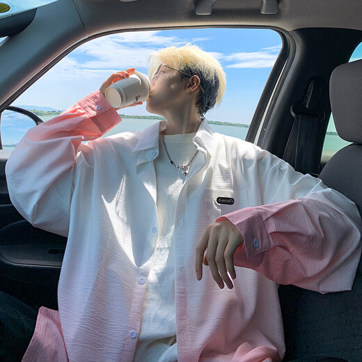 NYING gradient long-sleeved shirt for boys 25 spring and autumn new American trendy brand handsome lapel casual loose shirt jacket gradient pink XL (125-145Jin Jin equals 0.5 kg)