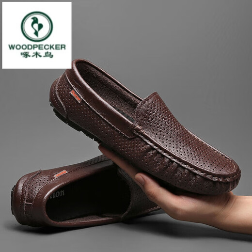 
Woodpecker men's shoes new breathable bean shoes men's genuine leather hollow casual leather shoes lazy shoes one foot kick hole shoes driving shoes black breathable (9901) 38 standard leather shoes size