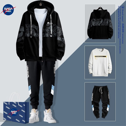 WHIM NASA男士外套男春秋季款夹克衣服男装三件套运动套装青少年初高中学生 838 黑灰色 三件套 XL