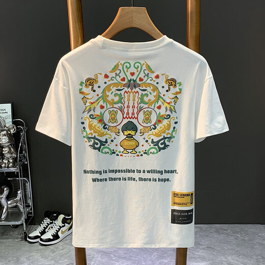 GUANGAN AEPE印花短袖男士夏季薄款透气休闲上衣T恤潮流百搭精梳棉男装体恤衫 白色 JSW9902 L 适合体重109-123斤穿