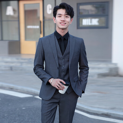 Luo Meng Suit Men's Business Casual Slim Professional Formal Wear Best Man Groom Wedding Dress Handsome Small Suit Men Black 2-button Top + Trousers + Gift Bag L Recommendation 120-135Jin Jin equals 0.5 kg