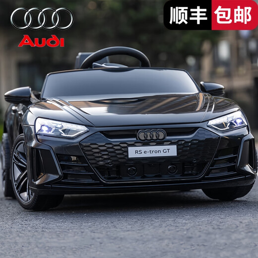 Yijing Audi children's electric car four-wheeled, can sit on a baby's mobile phone remote control four-wheel drive toy stroller swing car top equipped with four-wheel drive black + soft wheel leather seat + large lithium battery + remote control swing + high-end features Standard 12V6000MA aluminum shell lithium battery