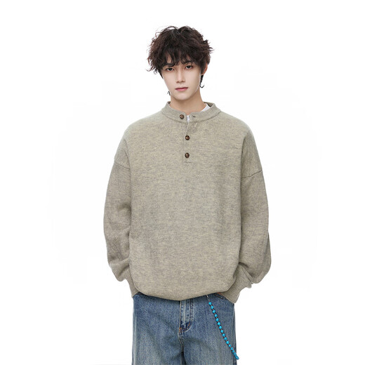 Katuchi gray American high street Henley collar sweater for men in spring and autumn loose trendy bottoming sweater jacket with sweater inside black L