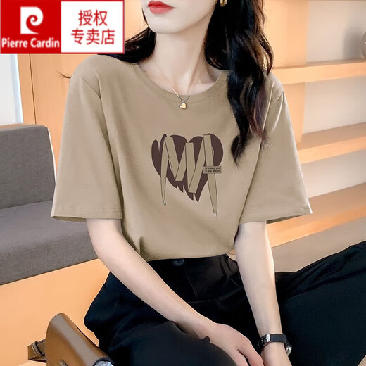 皮尔卡丹（pierre cardin）卡其色纯棉短袖t恤女夏大版气质潮牌体恤独特别致新款上衣设计感 灰蓝色 653 M