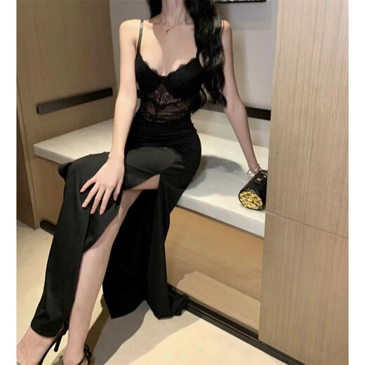 
Die Nisi nightclub French sexy black lace suspender dress with female temperament, masculine evening dress with slit hips, black, good quality M Recommended 95-105Jin[Jin equals 0.5 kg]