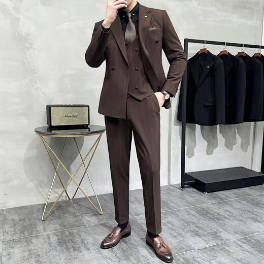 Jason men's double-breasted striped suit suit groom wedding dress business casual work interview suit three-piece suit dark brown (suit + pants) M (95-110Jin Jin equals 0.5 kg)