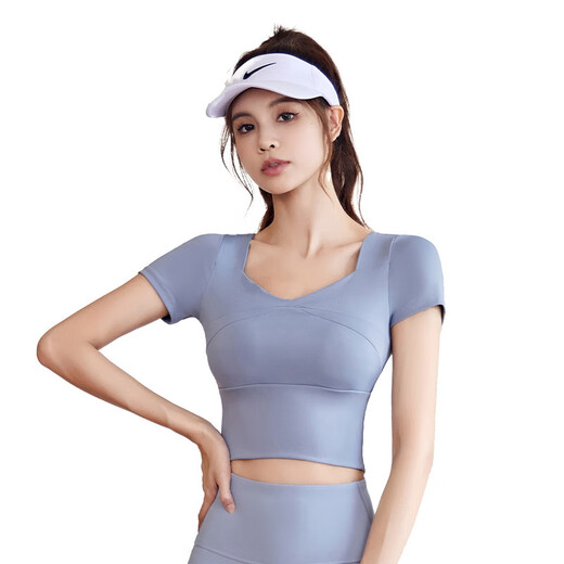 VICTORIATOURIST sports suit women's new high-end sports tops running Pilates training fitness clothes short-sleeved suit gray lake blue + gray lake blue M recommended 95-105 Jin Jin equals 0.5 kg