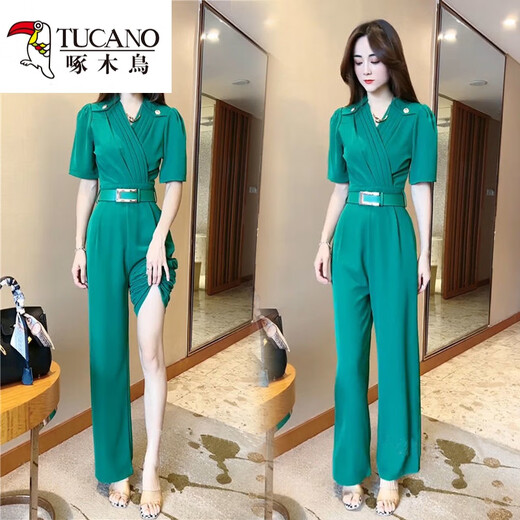 Temperamento de pájaros carpinteros monstruos de moda para mujeres en el verano Nuevo mono de caña de colgha de manga corta de la cabeza ancha de la pierna tendencia WH2601# Khaki L 105-115Jin [Jin iguala 0.5 kg]