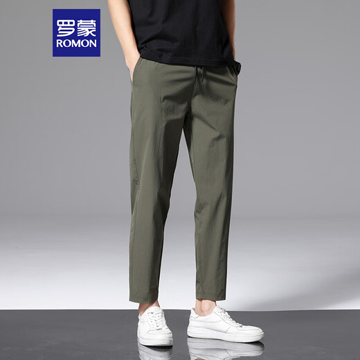 
ROMON casual pants men's summer loose sports straight pants ice silk elastic nine-point pants men's clothing 718 military green 2XL
