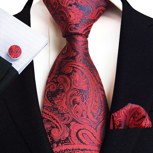 Hengyuanxiang tie men's dress 3 piece set formal wear business wedding groom bow tie square scarf cufflink cashew flower wine red gold high-end TZ-E14