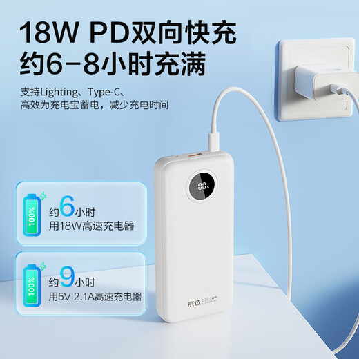 Jingxuan Jingdong's own brand, 3C certified, can be used on airplanes, 22.5W fast charging 20000mAh white power bank PD20W power supply, suitable for Apple, Xiaomi and Huawei mobile phones