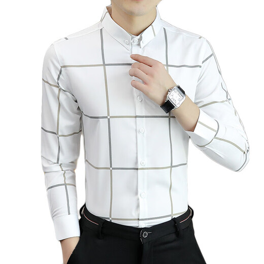 Cool Law Spring and Autumn Long Sleeve Shirt Men's Lined Casual Shirt Men's Long Sleeve Shirt Top Clothes Base Shirt Men's Clothes 9922 White 2XL