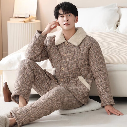 莫代尔睡衣男士冬季三层加厚加绒纯棉夹棉秋冬保暖冬天家居服套装 3886 2XL (180码)建议穿着体重160-18