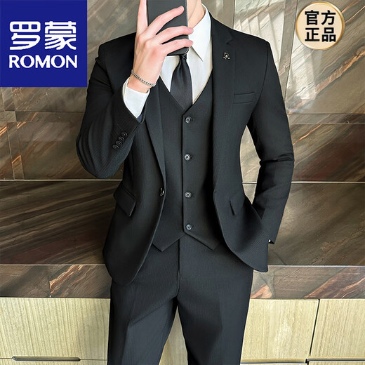 ROMON suit men's suit Korean version slim fit wedding groomsmen dress no ironing business formal three-piece casual suit jacket black suit + vest + pants + shirt waist L (105~120Jin Jin equals 0.5 kg)