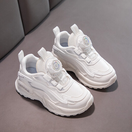 Chaussures de filles pour enfants hongxing bouton rotatif en cuir net nouveau printemps et automne chaussures de sport pour enfants mi-chaussures pour enfants 9911 Mesh blanc 26