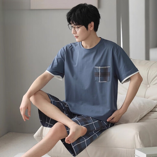 Cat men pajamas men's summer short-sleeved shorts for summer thin Xinjiang cotton stripes can be worn outside casual home clothing DGG-Z679 M [recommended to be 80-100 Jin [Jin equals 0.5 kg]]
