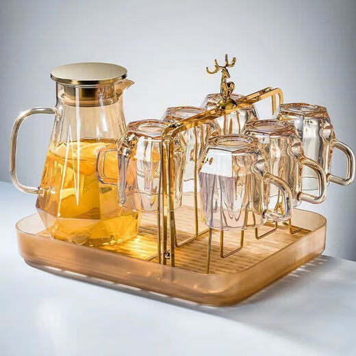 Cup set for home living room high-end high temperature resistant diamond advanced teapot glass cup living room kettle cup amber 1 pot + 6 cups + cup holder + tray default