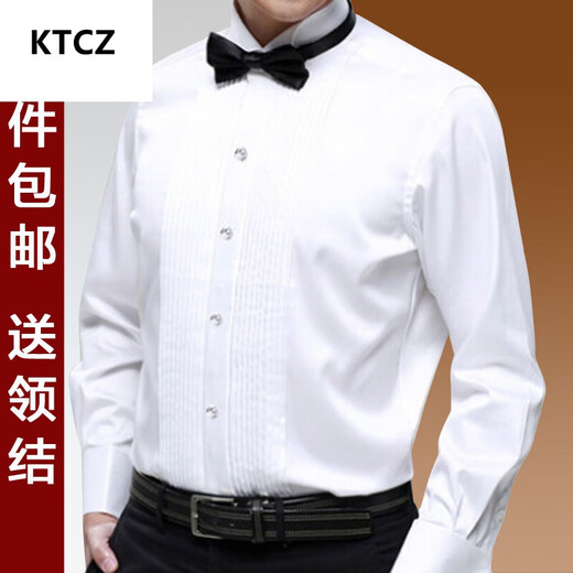 KTCZ男士演出礼服法式衬衫套装舞台大合唱男长袖白色领结衬衣伴郎男 演出专用黑衬衫+领结 43