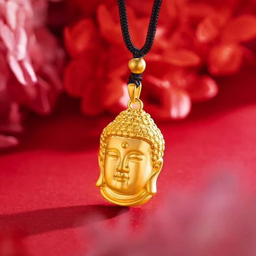 Popu's new Buddha head pendant gold-plated silver pendant 18K gold solid simulation natal Buddha head necklace for men and women Buddha head pendant + gold beads black rope