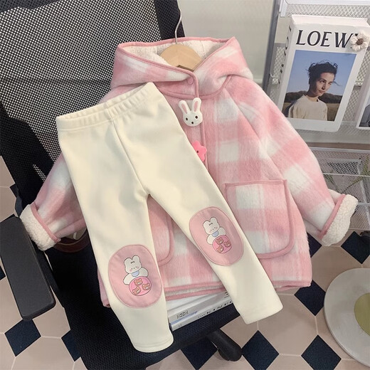 Yuanyouling Girls' Wool Coat Autumn and Winter Clothing 2024 Thickened Plaid Coat Baby Fashionable Coat Children's Coat Pink Fleece Wool Coat 90
