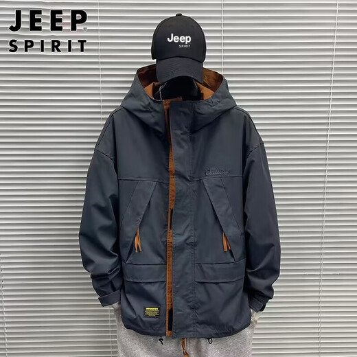 JEEP SPIRIT Jeep Jacket Men's Hooded Autumn and Winter Jacket Men's Casual Men's Trendy Work Clothing Tops Dark Gray XL