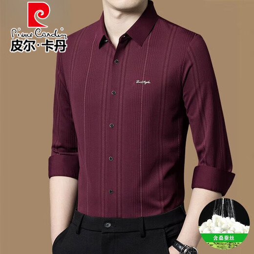 Pier Cardin Authentic Mulberry Silk Camiseta de manga larga para la primavera y otoño de los hombres, la nueva camisa delgada de negocios sin hierro rayado casual Z699-Carine (alto elástico, transpirable, resistente al desgaste) XL 175 recomendado 130-150Jin [Jin equivale a 0.5 kg]