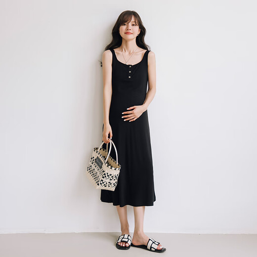 Vestido de maternidad de Miduli para la falda de la tirante francesa delgada de verano para la falda del exterior y el chaleco largo para el vestido de maternidad Black XL