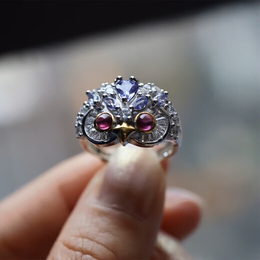 Shiyi Natural Fanta Garnet Owl Ring for Women S925 Sterling Silver Purple Tooth Tanzanite Opal Little Red Book Same Style Rose Gold Natural Fanta Stone + Topaz + Yellow Sapphire Opening Adjustable