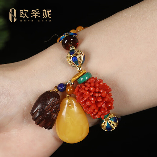 Ouchini beeswax bracelet, natural amber raw stone, old wax amber, cloisonné enamel, blood amber lapis lazuli, women's model, gift for mother, one item, one certificate, supports re-inspection