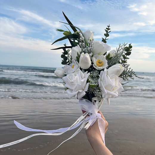 oein婚礼手捧花新娘结婚当天婚纱领证仿真郁金香求婚毕业花束拍照道具 白色郁金香手捧花 10支