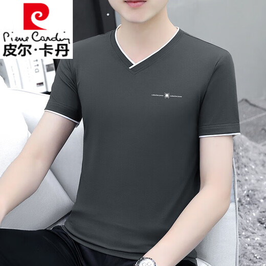 Pierre Cardin Summer Herren kurzärmelig T-Shirt Pure Cotton V-Ausschnitt mit Top Trendy Slim und vielseitig dünn, halbärmeligem Hemd Solid Color T-Shirt Black Yd7018 2xl