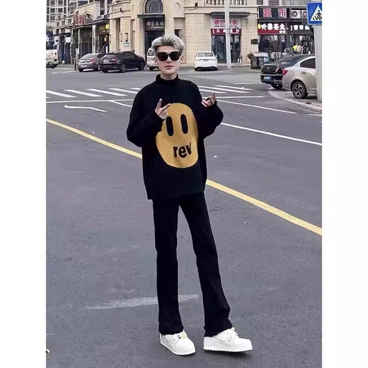 
POUM scimitar slim jeans men's summer retro dark blue straight tall American pants make them look slim and narrow legs DF-701 black XL
