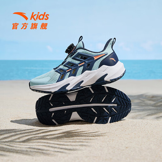 ANTA Children's Sandals Men's Big Children's Shoes 2025 Summer New Product Knob Buckle Mesh Breathable Small Warship Frame Shoes Beach Shoes Light Steel Blue/New Ink Blue-1 38