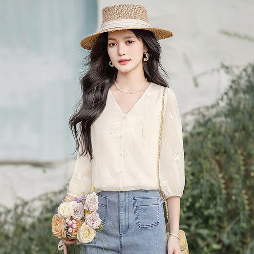 Silk Cypress V-Neck Shirt 2025 Spring French French's French Cropped Slim Pullover Broidered Shirt