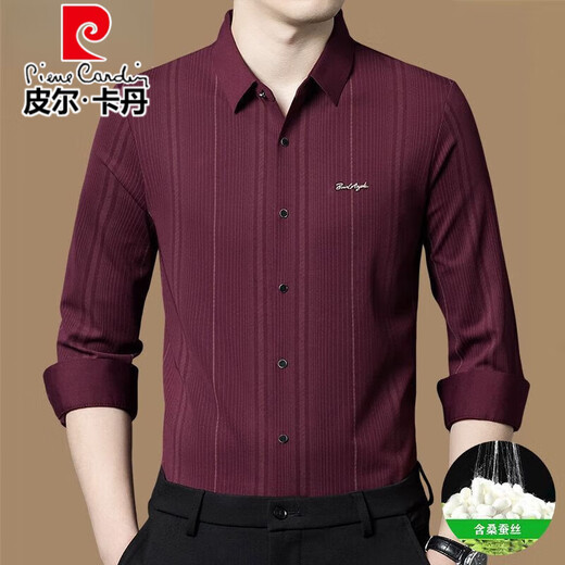 Pier Cardin Authentic Mulberry Silk Camiseta de manga larga para la primavera y otoño de los hombres, la nueva camisa delgada de negocios sin hierro rayado casual Z699-Carine (alto elástico, transpirable, resistente al desgaste) XL 175 recomendado 130-150Jin [Jin equivale a 0.5 kg]