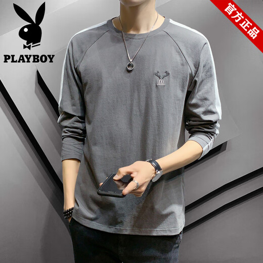 花花公子（PLAYBOY）品牌纯棉长袖t恤男装春夏季宽松刺绣打底衫上衣男款潮牌圆领卫衣 692杏色+980灰色【共2件】 3XL (约155-170斤可穿)
